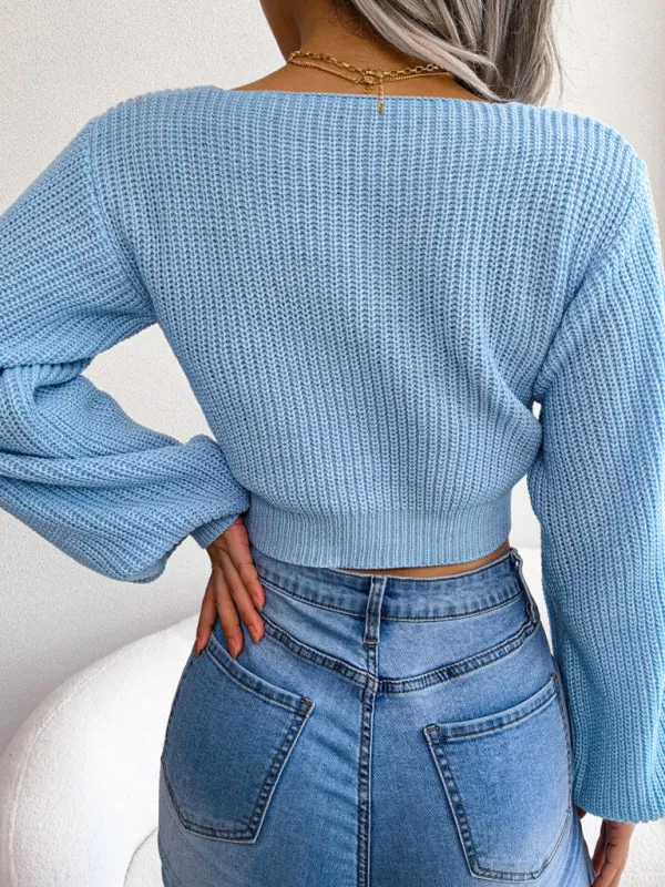 Women's Tie Neck Lantern Sleeve Cropped Knitted Jumper