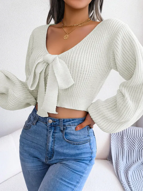 Women's Tie Neck Lantern Sleeve Cropped Knitted Jumper