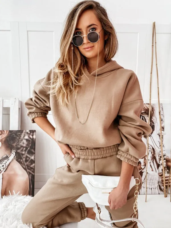 Women's Two-Piece Casual Sports Hooded Long-Sleeved with Matching Trousers