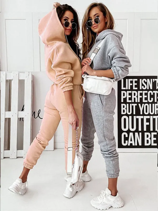 Women's Two-Piece Casual Sports Hooded Long-Sleeved with Matching Trousers