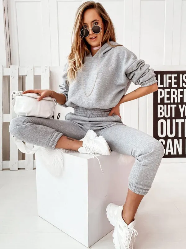 Women's Two-Piece Casual Sports Hooded Long-Sleeved with Matching Trousers