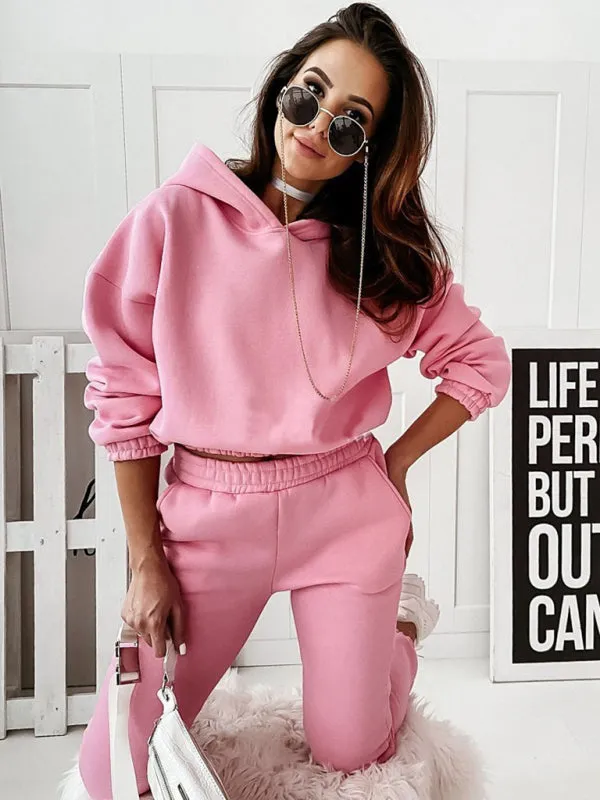 Women's Two-Piece Casual Sports Hooded Long-Sleeved with Matching Trousers