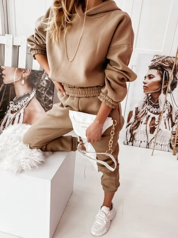 Women's Two-Piece Casual Sports Hooded Long-Sleeved with Matching Trousers
