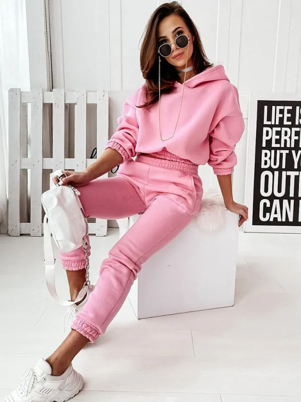 Women's Two-Piece Casual Sports Hooded Long-Sleeved with Matching Trousers