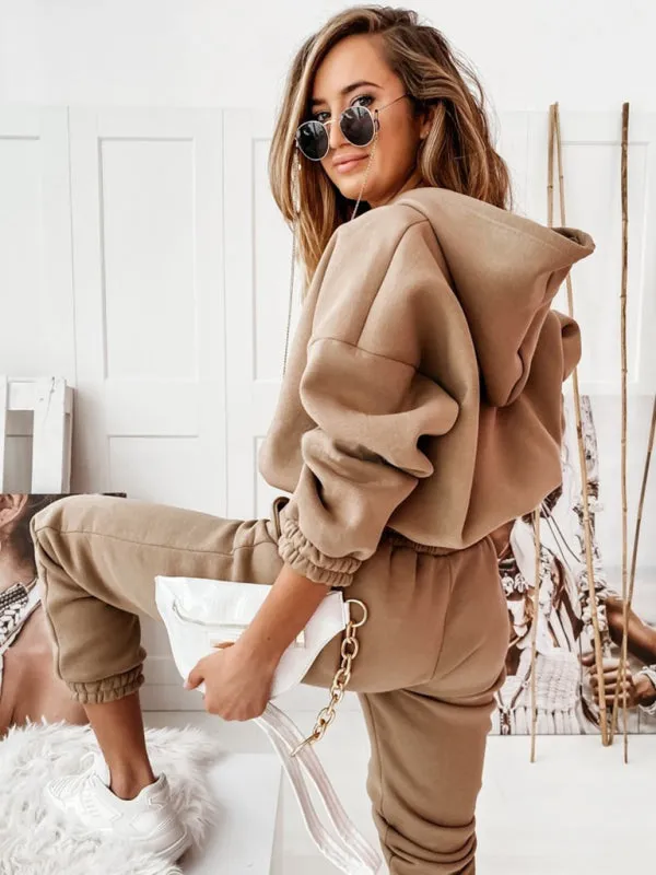 Women's Two-Piece Casual Sports Hooded Long-Sleeved with Matching Trousers