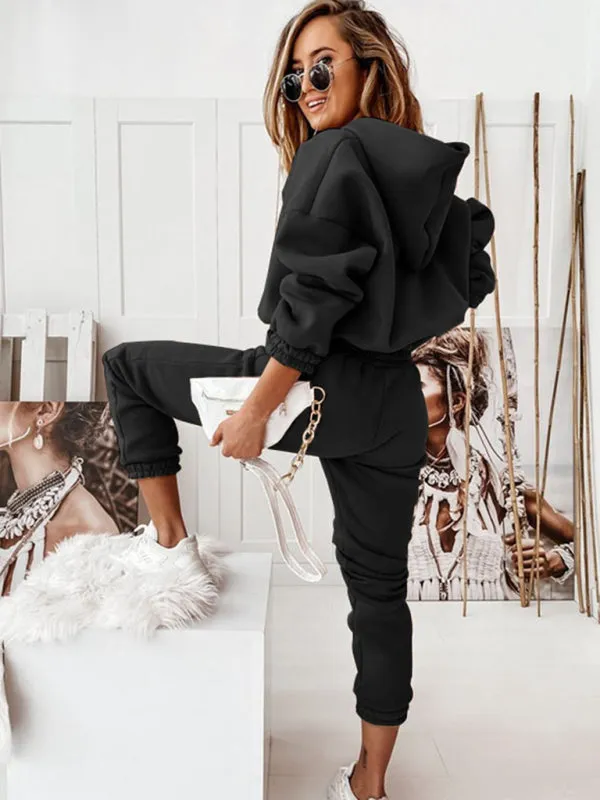 Women's Two-Piece Casual Sports Hooded Long-Sleeved with Matching Trousers