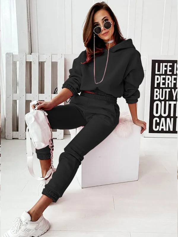 Women's Two-Piece Casual Sports Hooded Long-Sleeved with Matching Trousers