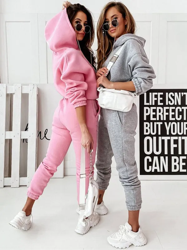 Women's Two-Piece Casual Sports Hooded Long-Sleeved with Matching Trousers