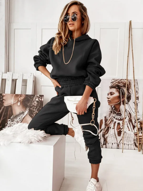 Women's Two-Piece Casual Sports Hooded Long-Sleeved with Matching Trousers