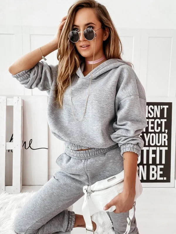 Women's Two-Piece Casual Sports Hooded Long-Sleeved with Matching Trousers