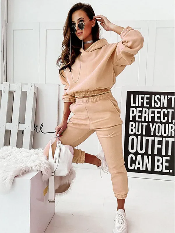 Women's Two-Piece Casual Sports Hooded Long-Sleeved with Matching Trousers