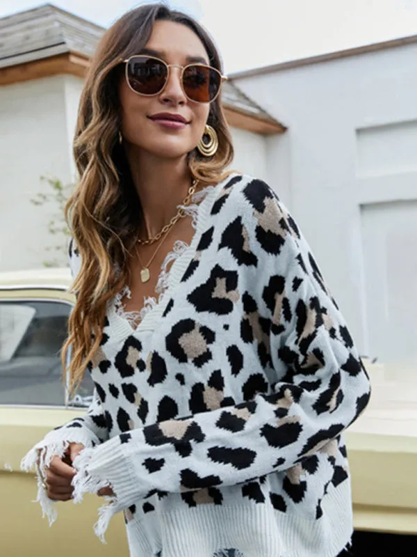Women's V-Neck Loose Fit Leopard Print Jumper With Frayed Hem Detail