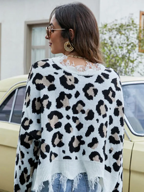 Women's V-Neck Loose Fit Leopard Print Jumper With Frayed Hem Detail
