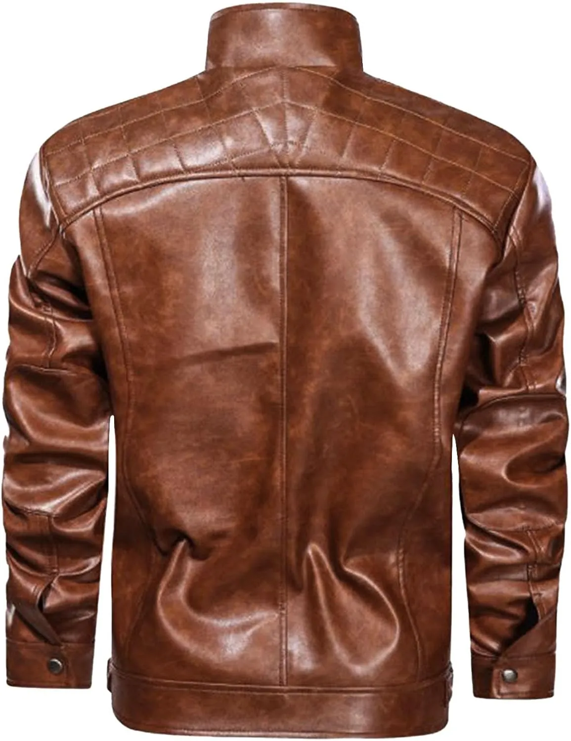 Xiaojmake Mens Stand Collar Leather Jacket Retro Cafe Racer Style Motorcycle Jacket Outerwear Quilted Coat with Zipper Pocket